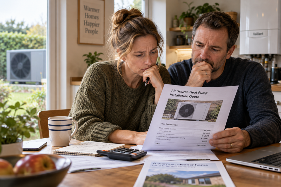 Worried Couple Reviewing Heat Pump Quote