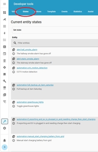 HA Dev Tools page with States highlighted